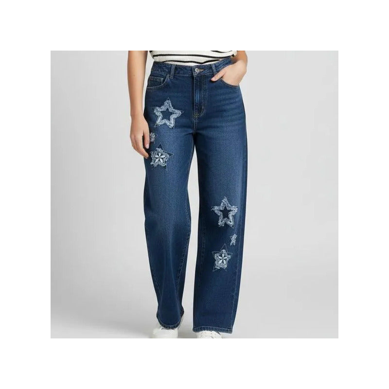 Mom Jeans Azul Holgado Bord Estrellas Mujer Suest