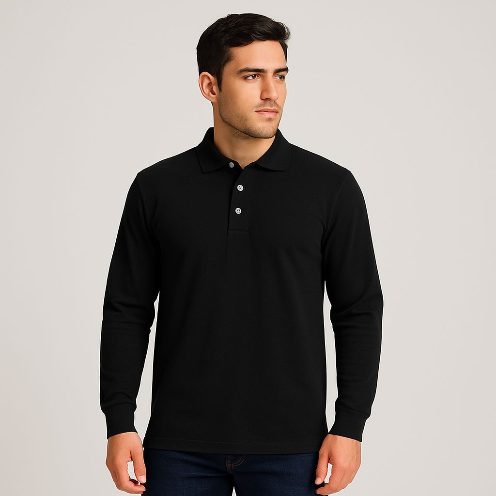 Playera Cuello Polo Negro Manga Larga Hombre 90312