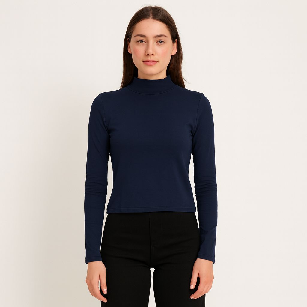 Playera Ml Azul Cuello Alto Lisa Mujer 90502