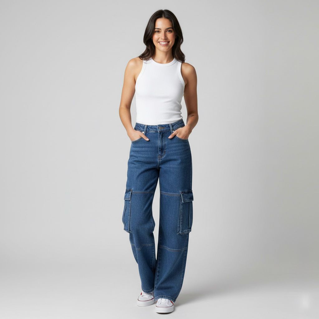 Mom Jeans Azul Cargo Mujer D637