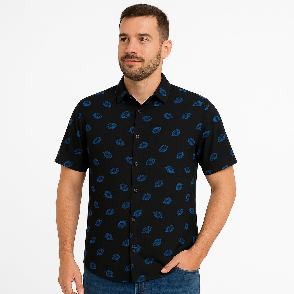 Camisa Negra Est Con Hojas Azules Hombre Km001
