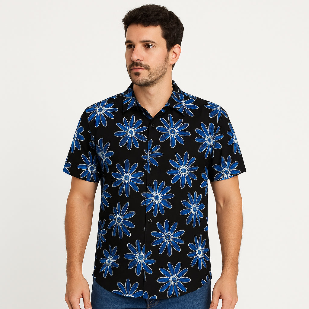 Camisa Negra Est Con Flores Cafe Hombre Km002