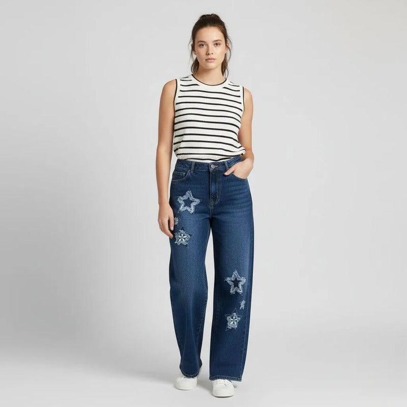 Mom Jeans Azul Holgado Bord Estrellas Mujer Suest