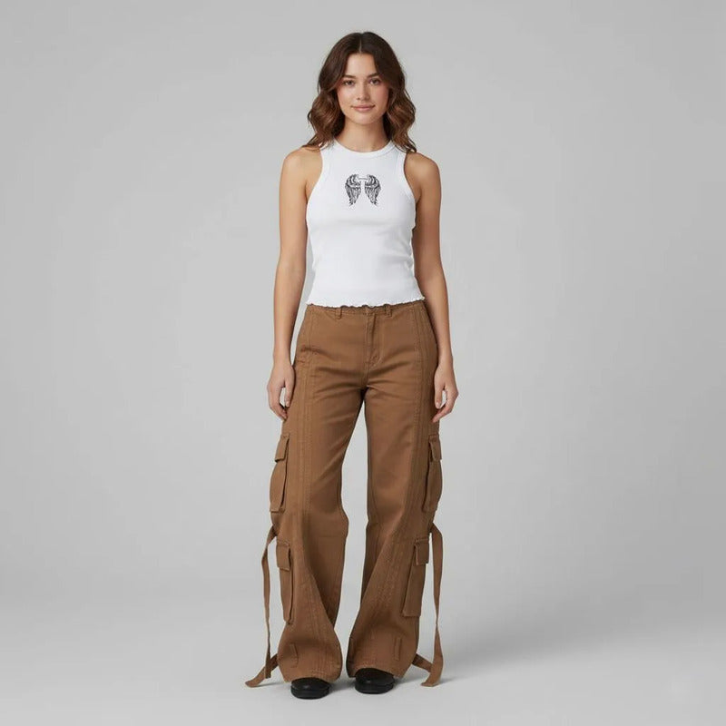 Mom Jeans Caqui Cargo Mujer Dp696