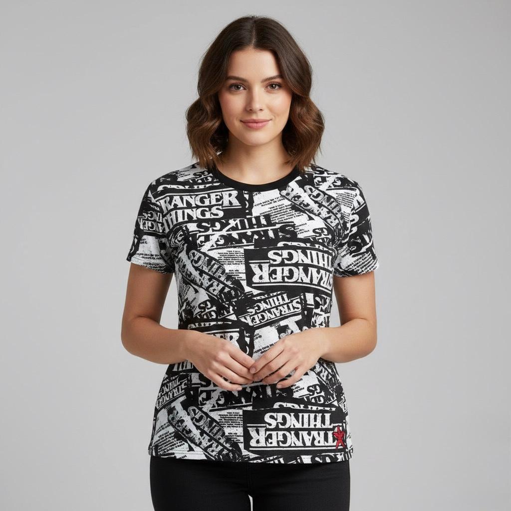Playera Negro Stranger Things Flor Mujer 90616
