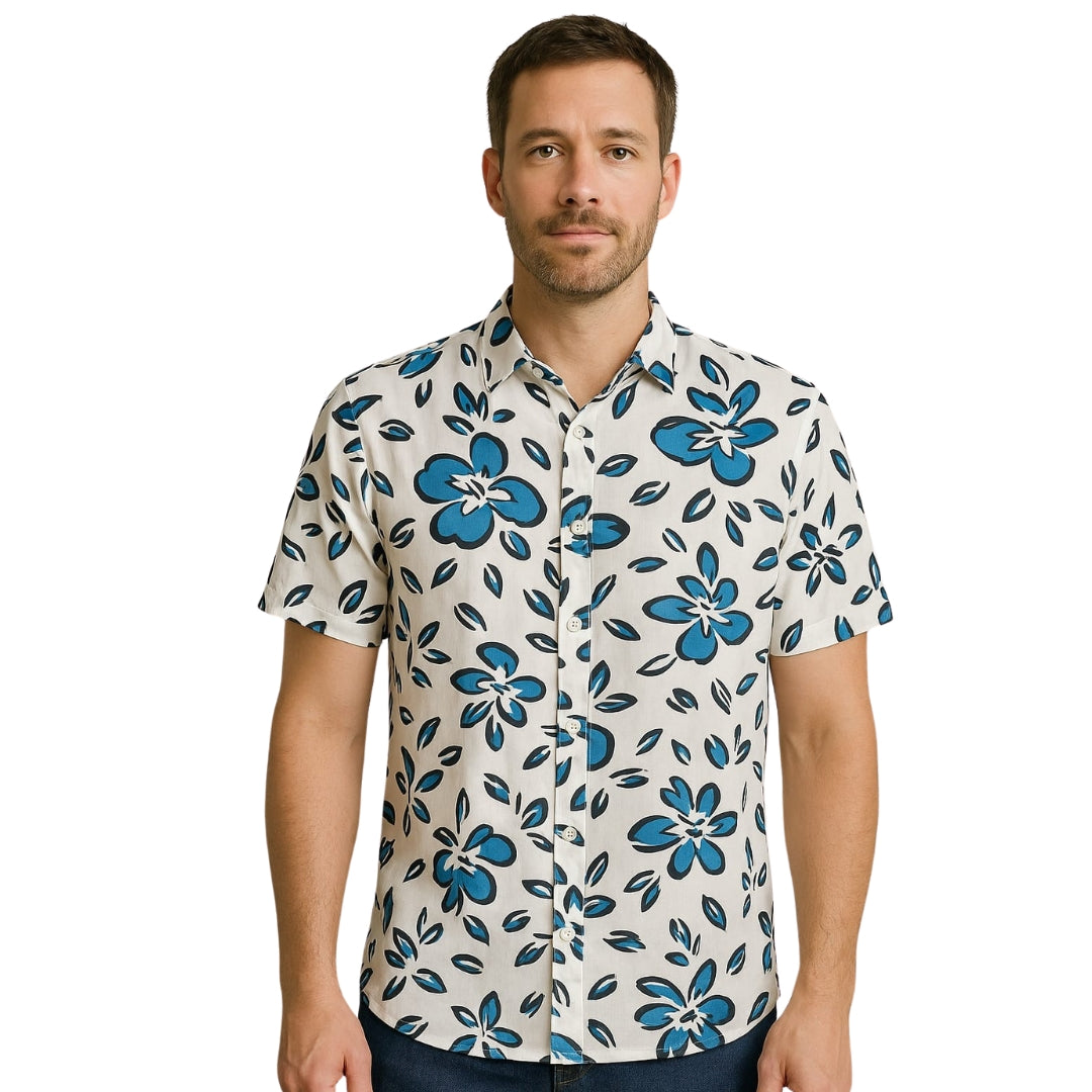 Camisa Blanca Est Con Flores Azules Hombre Km003