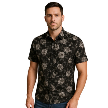 Camisa Negra Est Con Flores Azules Hombre Km004
