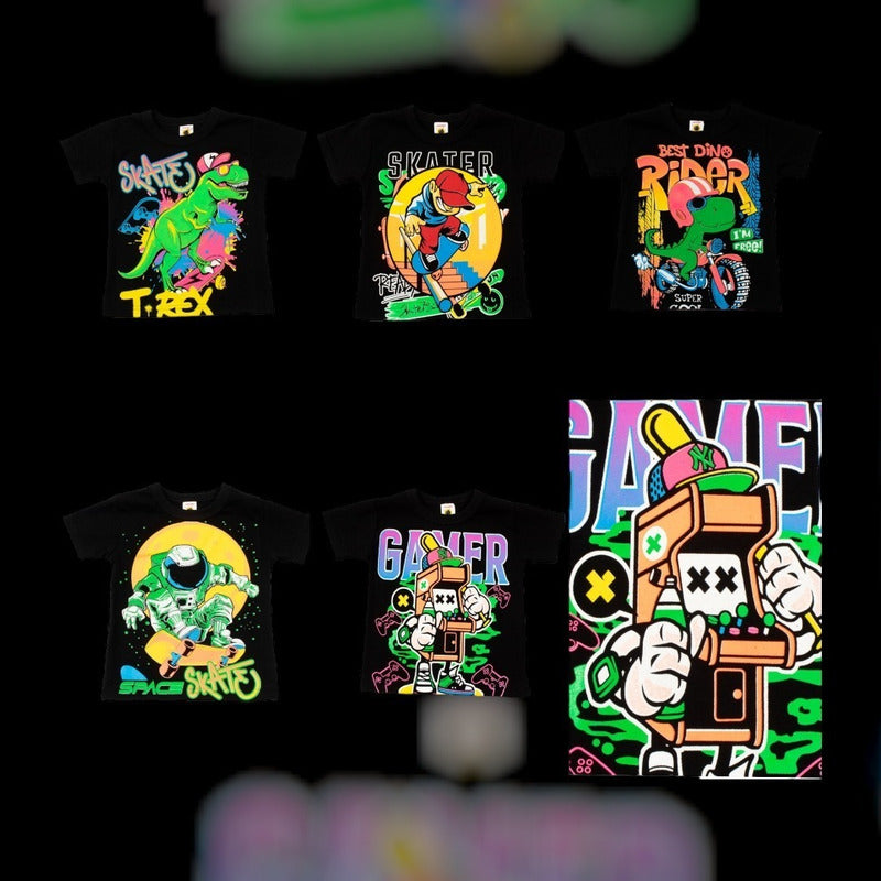 Paquete De 5 Playeras Estampado Urbano Neon Para Niño