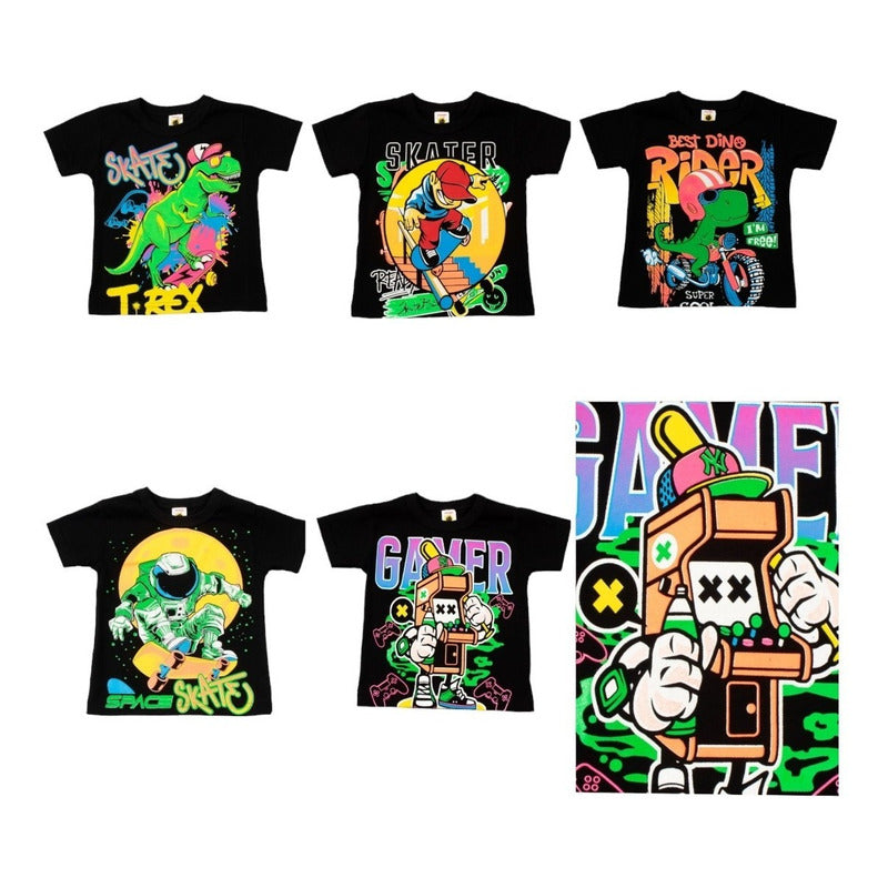 Paquete De 5 Playeras Estampado Urbano Neon Para Niño