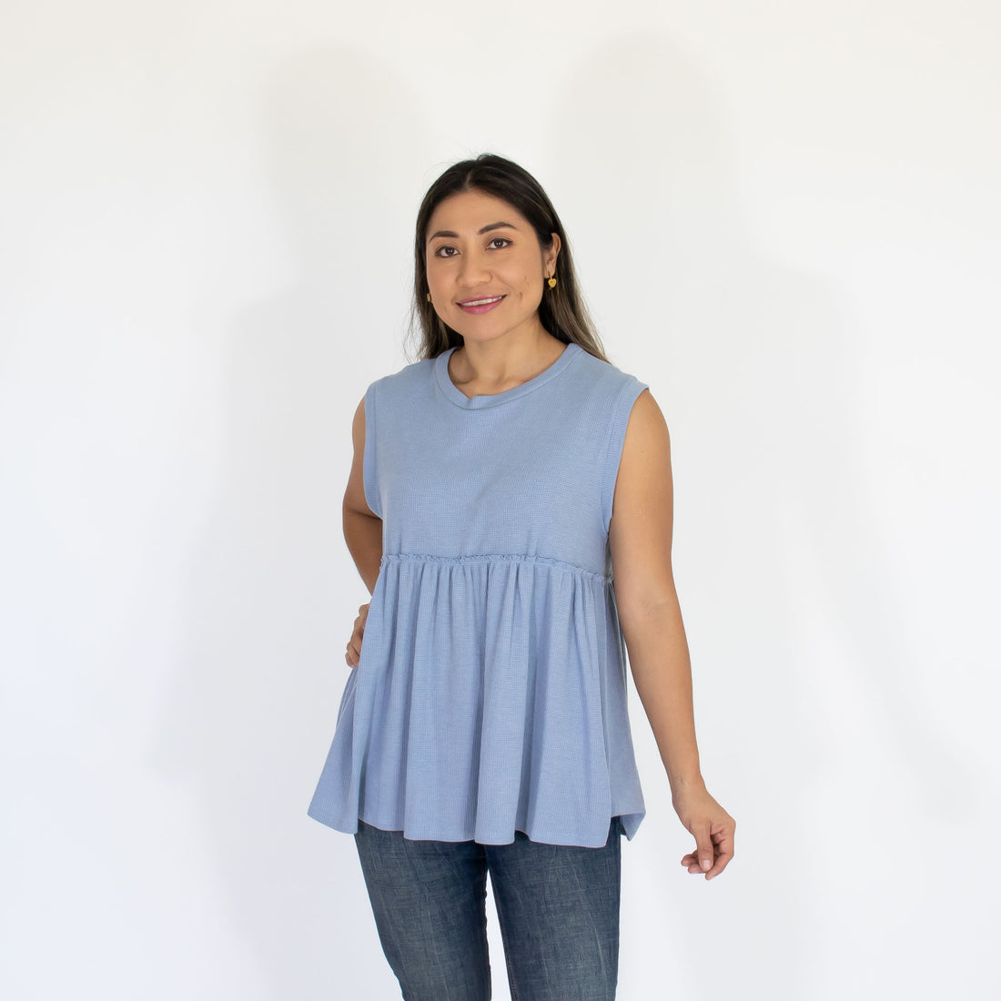 Blusa Azul Est Fruncido Tejido Mujer