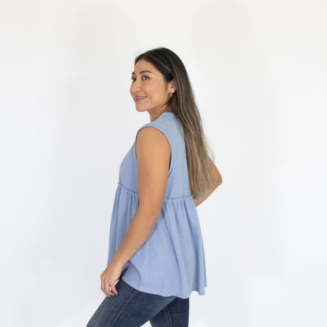 Blusa Azul Est Fruncido Tejido Mujer